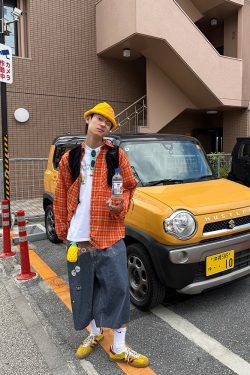 Orange Plaid Long Sleeve Shirt for Men and Women - American Retro Loose-Fitting Casual High Street Couple Top