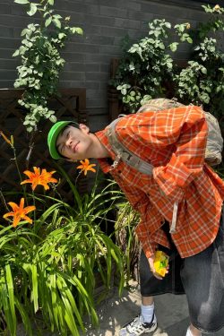 Orange Plaid Long Sleeve Shirt for Men and Women - American Retro Loose-Fitting Casual High Street Couple Top