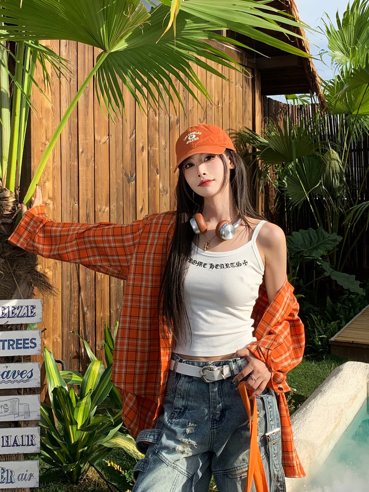 Orange Plaid Long Sleeve Shirt Jacket for Women - Vintage Loose Casual Style for Spring Summer, 90s Inspired Fashion Orange Plaid Long Sleeve Shirt Jacket for Women - Vintage Loose Casual Style for Spring Summer, 90s Inspired Fashion