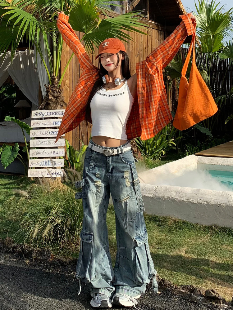 Orange Plaid Long Sleeve Shirt Jacket for Women - Vintage Loose Casual Style for Spring Summer, 90s Inspired Fashion Orange Plaid Long Sleeve Shirt Jacket for Women - Vintage Loose Casual Style for Spring Summer, 90s Inspired Fashion