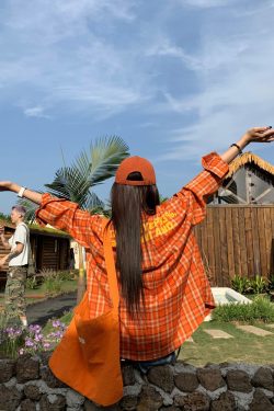 Orange Plaid Long Sleeve Shirt Jacket for Women - Vintage Loose Casual Style for Spring Summer, 90s Inspired Fashion