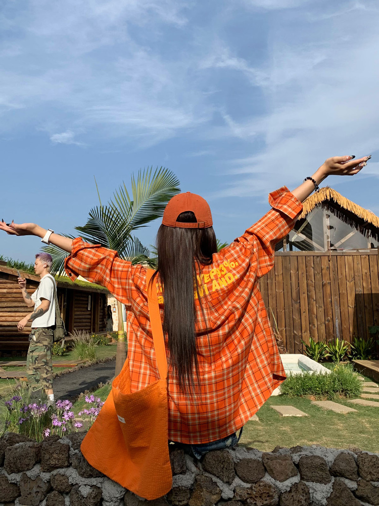 Orange Plaid Long Sleeve Shirt Jacket for Women - Vintage Loose Casual Style for Spring Summer, 90s Inspired Fashion Orange Plaid Long Sleeve Shirt Jacket for Women - Vintage Loose Casual Style for Spring Summer, 90s Inspired Fashion