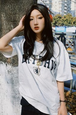 Oversized Gray Retro T-Shirt for Women - Short Sleeve Vintage Y2K American Style Top