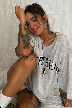 Oversized Gray Retro T-Shirt for Women - Short Sleeve Vintage Y2K American Style Top