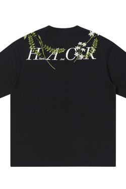Oversized Short-Sleeve T-Shirt with Chinese-Style Floral Embroidery and Text Layout, Breathable Y2K Fashion Top