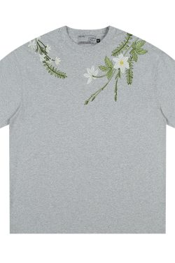 Oversized Short-Sleeve T-Shirt with Chinese-Style Floral Embroidery and Text Layout, Breathable Y2K Fashion Top