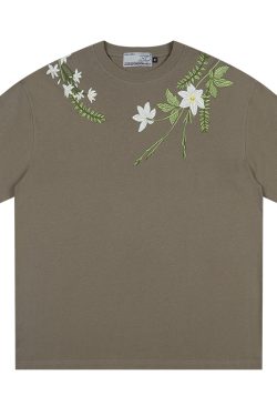 Oversized Short-Sleeve T-Shirt with Chinese-Style Floral Embroidery and Text Layout, Breathable Y2K Fashion Top