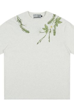 Oversized Short-Sleeve T-Shirt with Chinese-Style Floral Embroidery and Text Layout, Breathable Y2K Fashion Top