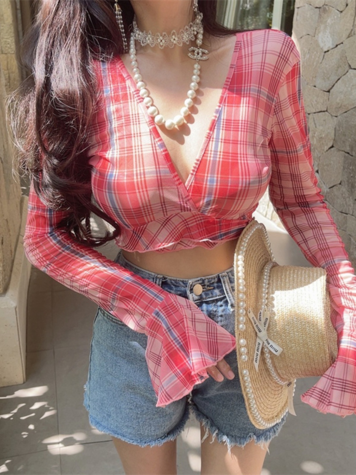 Oversized Slimming Sexy V-Neck Tie Waist Bell Sleeve Short Plaid Shirt for Vacation - Trendy 90s Inspired Style Oversized Slimming Sexy V-Neck Tie Waist Bell Sleeve Short Plaid Shirt for Vacation - Trendy 90s Inspired Style