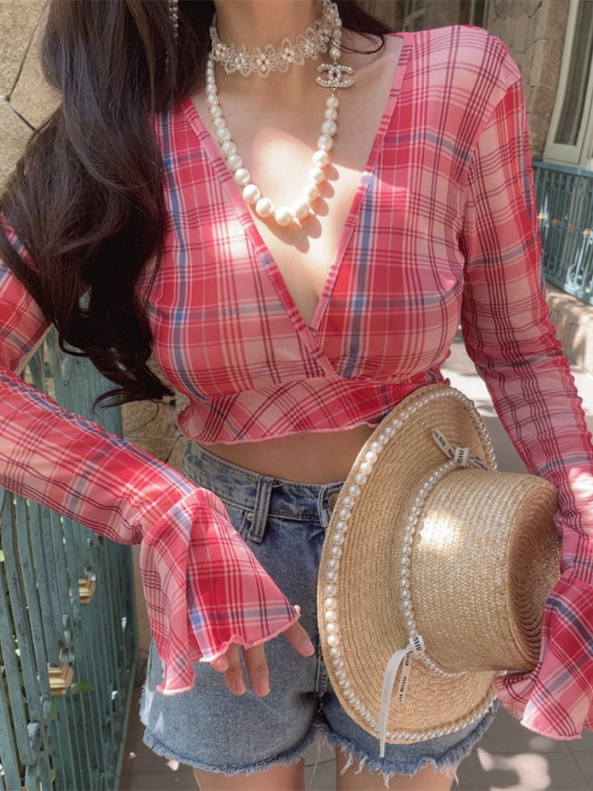 Oversized Slimming Sexy V-Neck Tie Waist Bell Sleeve Short Plaid Shirt for Vacation - Trendy 90s Inspired Style Oversized Slimming Sexy V-Neck Tie Waist Bell Sleeve Short Plaid Shirt for Vacation - Trendy 90s Inspired Style