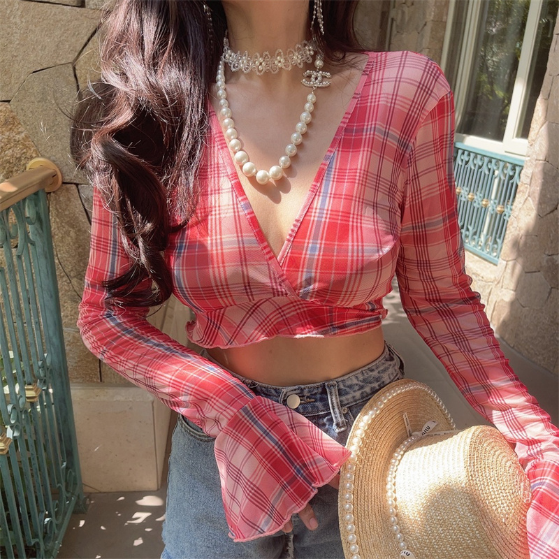 Oversized Slimming Sexy V-Neck Tie Waist Bell Sleeve Short Plaid Shirt for Vacation - Trendy 90s Inspired Style Oversized Slimming Sexy V-Neck Tie Waist Bell Sleeve Short Plaid Shirt for Vacation - Trendy 90s Inspired Style