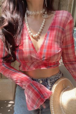 Oversized Slimming Sexy V-Neck Tie Waist Bell Sleeve Short Plaid Shirt for Vacation - Trendy 90s Inspired Style