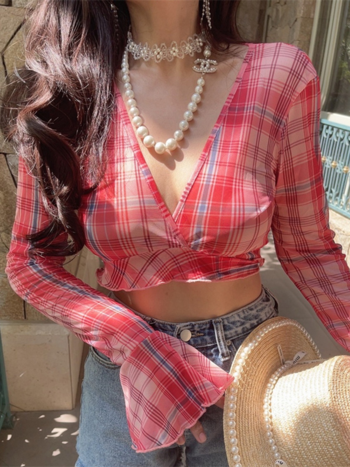 Oversized Slimming Sexy V-Neck Tie Waist Bell Sleeve Short Plaid Shirt for Vacation - Trendy 90s Inspired Style Oversized Slimming Sexy V-Neck Tie Waist Bell Sleeve Short Plaid Shirt for Vacation - Trendy 90s Inspired Style