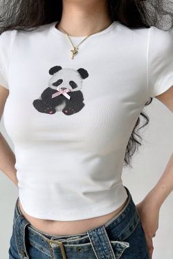 Panda Print Summer T-Shirt for Women - European American Style Slim Fit Round Neck Short Sleeve Top