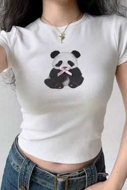 Panda Print Summer T-Shirt for Women - European American Style Slim Fit Round Neck Short Sleeve Top