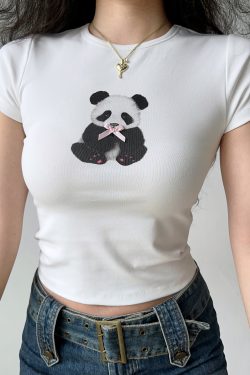 Panda Print Summer T-Shirt for Women - European American Style Slim Fit Round Neck Short Sleeve Top