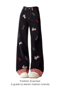 Patchwork Sausage Dog Jeans for Women - Cartoon Design, Wide-Leg Straight Slim Long Pants, American Style, Trendy Spring Fashion