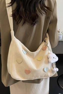 Peach Heart Canvas Underarm Bag for Women, Niche Design Single Shoulder Dumpling Bag, Korean Style Crossbody for Students