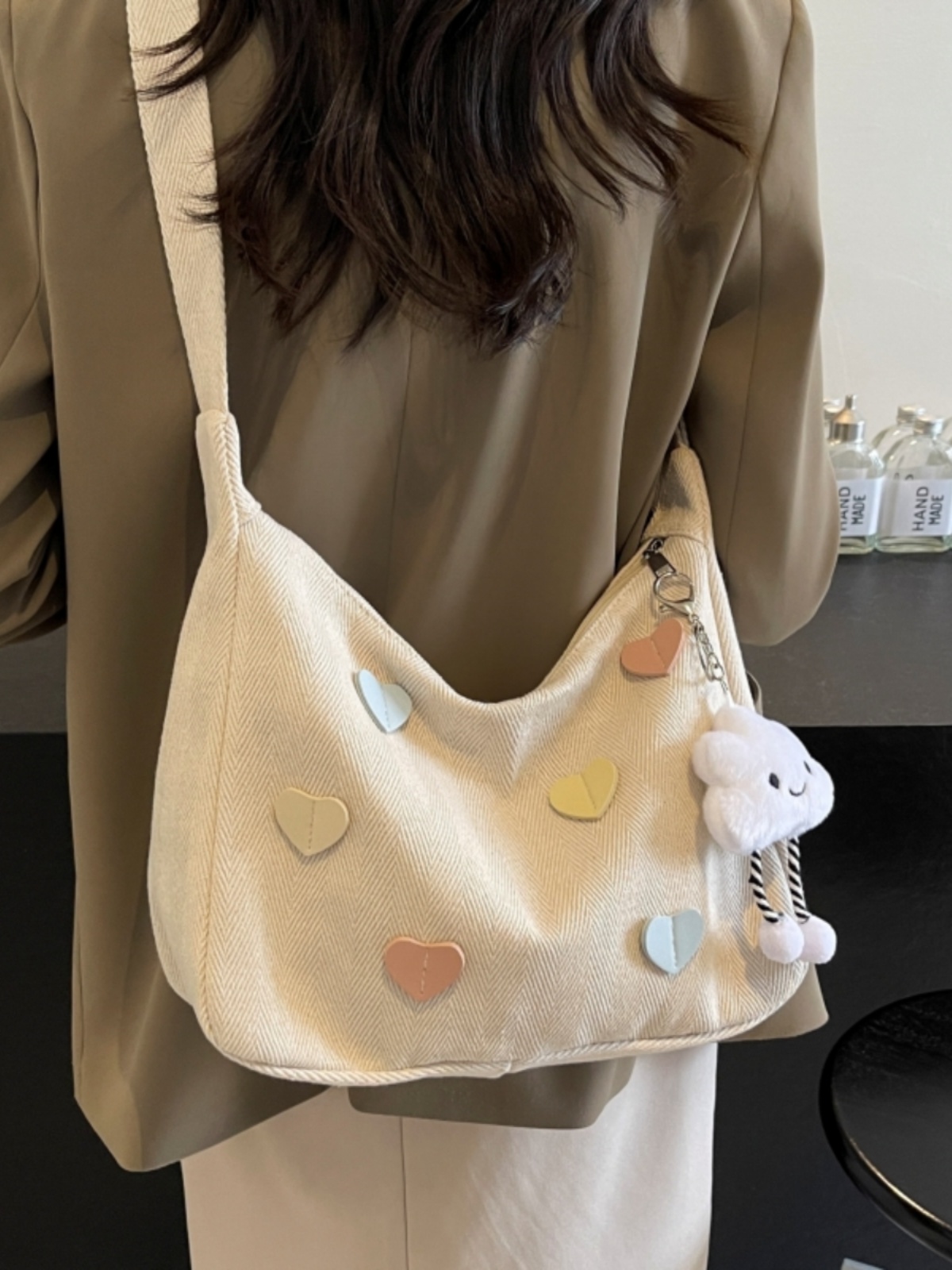 Peach Heart Canvas Underarm Bag for Women, Niche Design Single Shoulder Dumpling Bag, Korean Style Crossbody for Students Peach Heart Canvas Underarm Bag for Women, Niche Design Single Shoulder Dumpling Bag, Korean Style Crossbody for Students