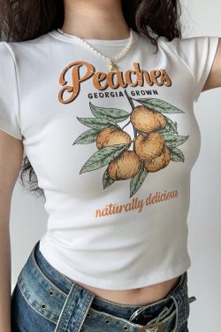 Peach Print White Short Sleeve T-shirt for Women - Summer Slim Fit European American Style Top