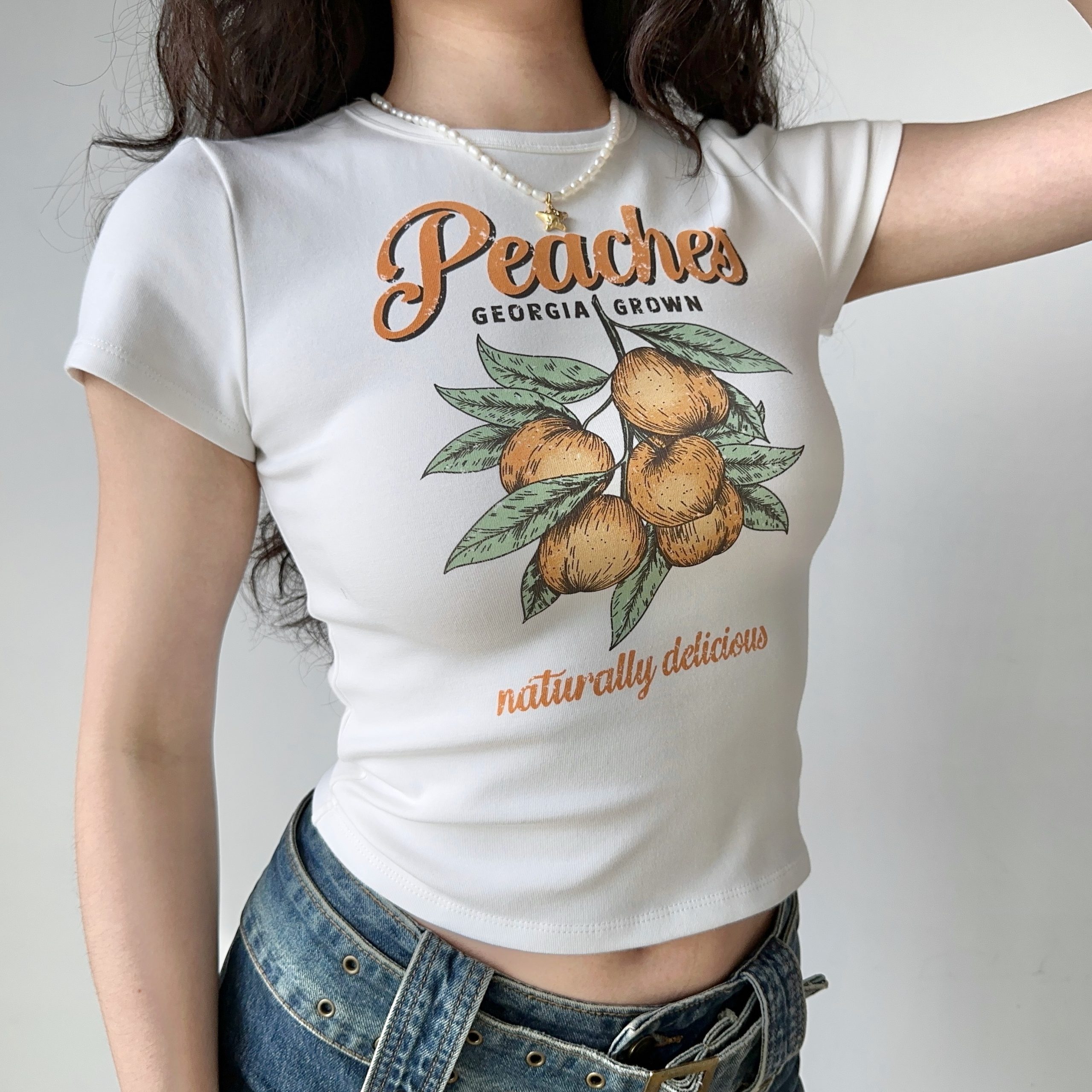 Peach Print White Short Sleeve T-shirt for Women - Summer Slim Fit European American Style Top Peach Print White Short Sleeve T-shirt for Women - Summer Slim Fit European American Style Top