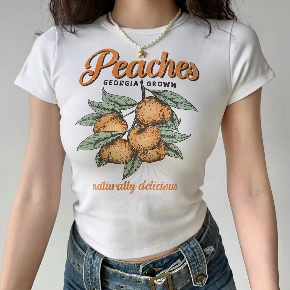 Peach Print White Short Sleeve T-shirt for Women - Summer Slim Fit European American Style Top Peach Print White Short Sleeve T-shirt for Women - Summer Slim Fit European American Style Top