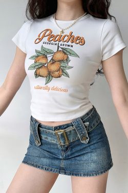 Peach Print White Short Sleeve T-shirt for Women - Summer Slim Fit European American Style Top