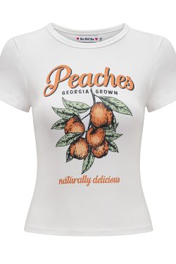Peach Print White Short Sleeve T-shirt for Women - Summer Slim Fit European American Style Top