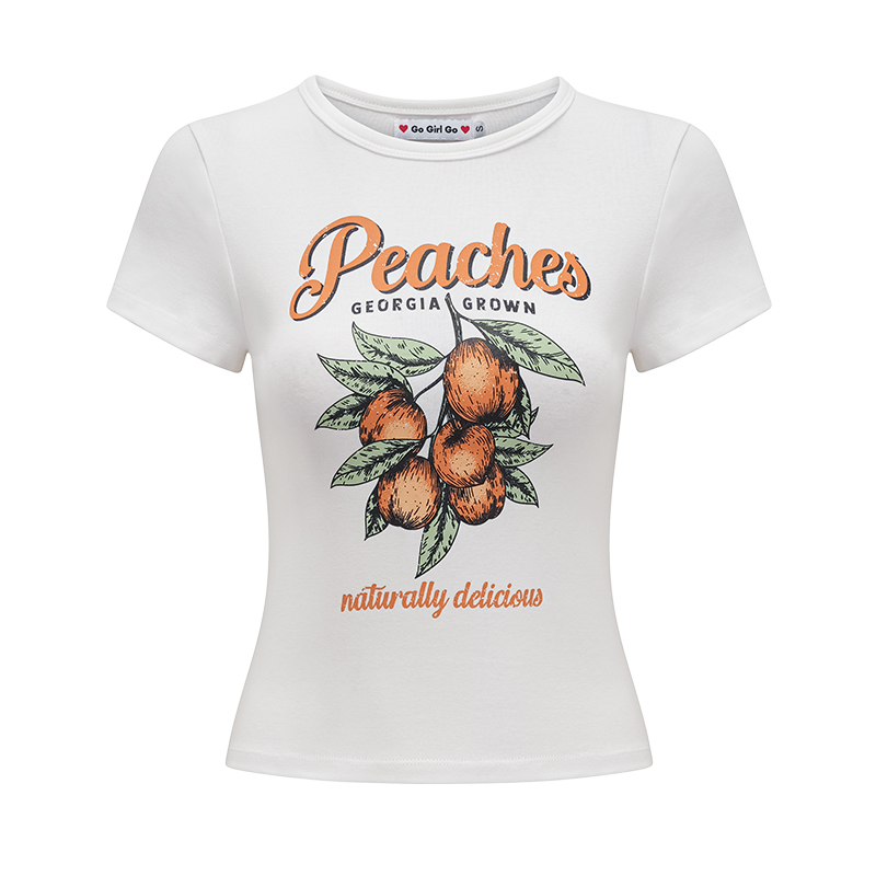 Peach Print White Short Sleeve T-shirt for Women - Summer Slim Fit European American Style Top Peach Print White Short Sleeve T-shirt for Women - Summer Slim Fit European American Style Top