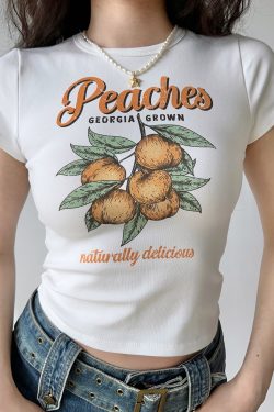 Peach Print White Short Sleeve T-shirt for Women - Summer Slim Fit European American Style Top