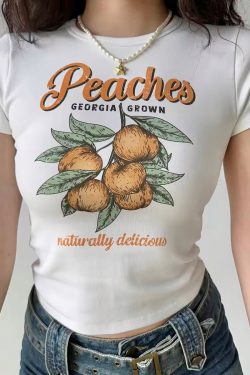 Peach Print White Shoulder T-shirt for Women - Summer Slim Fit Short Sleeve Top in European American Style, Perfect for Y2K Fashion