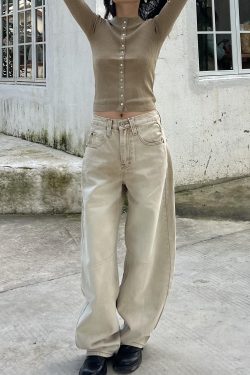 Petite High-Waisted Loose Slim Long Pants in Dirty Beige - Trendy Y2K Style for Women