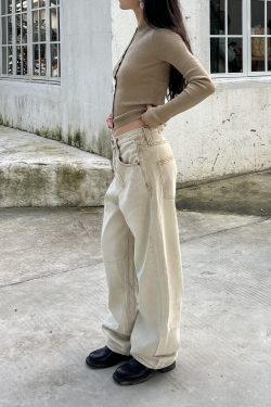Petite High-Waisted Loose Slim Long Pants in Dirty Beige - Trendy Y2K Style for Women