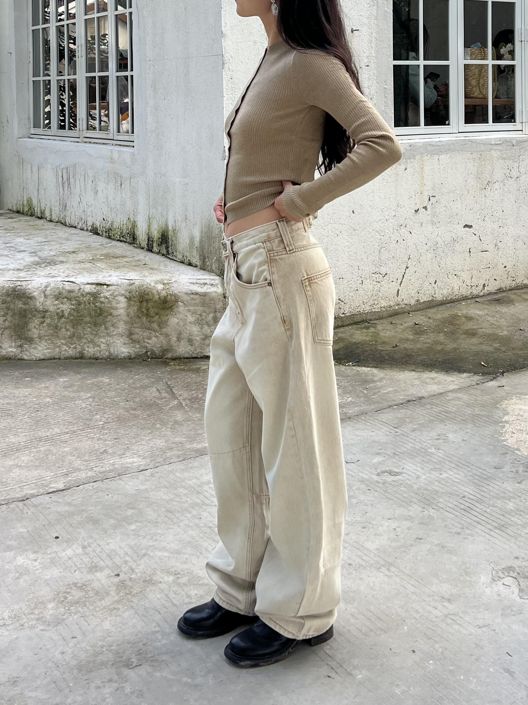 Petite High-Waisted Loose Slim Long Pants in Dirty Beige - Trendy Y2K Style for Women Petite High-Waisted Loose Slim Long Pants in Dirty Beige - Trendy Y2K Style for Women