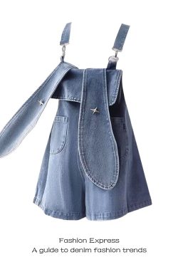 Petite Women's Loose Wide-Leg Denim Overalls with Rabbit Ears - Trendy Autumn Winter Fashion for a Slimming Fit