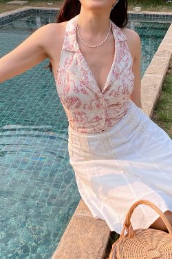 Pink Embroidered Hollow-Out Halter Neck Vest Top - Backless V-Neck Waistcoat for Women - Trendy Y2K Style
