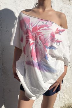 Pink Floral Print Off-Shoulder Short Sleeve Casual Asymmetrical T-Shirt for Women - Vintage Style, Versatile 90s Inspired Fashion