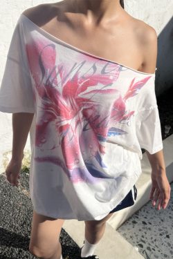 Pink Floral Print Off-Shoulder Short Sleeve Casual Asymmetrical T-Shirt for Women - Vintage Style, Versatile 90s Inspired Fashion