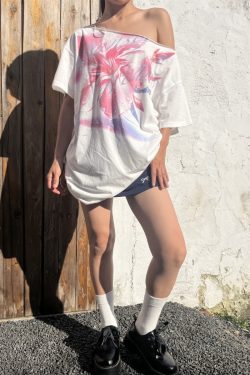 Pink Floral Print Off-Shoulder Short Sleeve Casual Asymmetrical T-Shirt for Women - Vintage Style, Versatile 90s Inspired Fashion