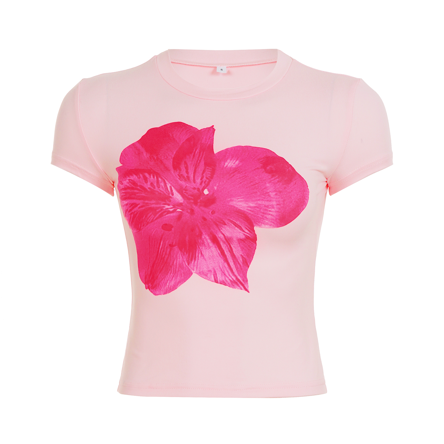 Pink Floral Print Short-Sleeve T-Shirt for Women, Versatile Slim-Fit Waist-Cinching Top, Vacation Style, Y2K Fashion Pink Floral Print Short-Sleeve T-Shirt for Women, Versatile Slim-Fit Waist-Cinching Top, Vacation Style, Y2K Fashion