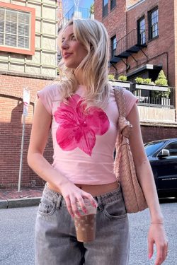 Pink Floral Print Short-Sleeve T-Shirt for Women, Versatile Slim-Fit Waist-Cinching Top, Vacation Style, Y2K Fashion