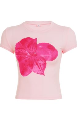 Pink Floral Print Short-Sleeve T-Shirt for Women, Versatile Slim-Fit Waist-Cinching Top, Vacation Style, Y2K Fashion