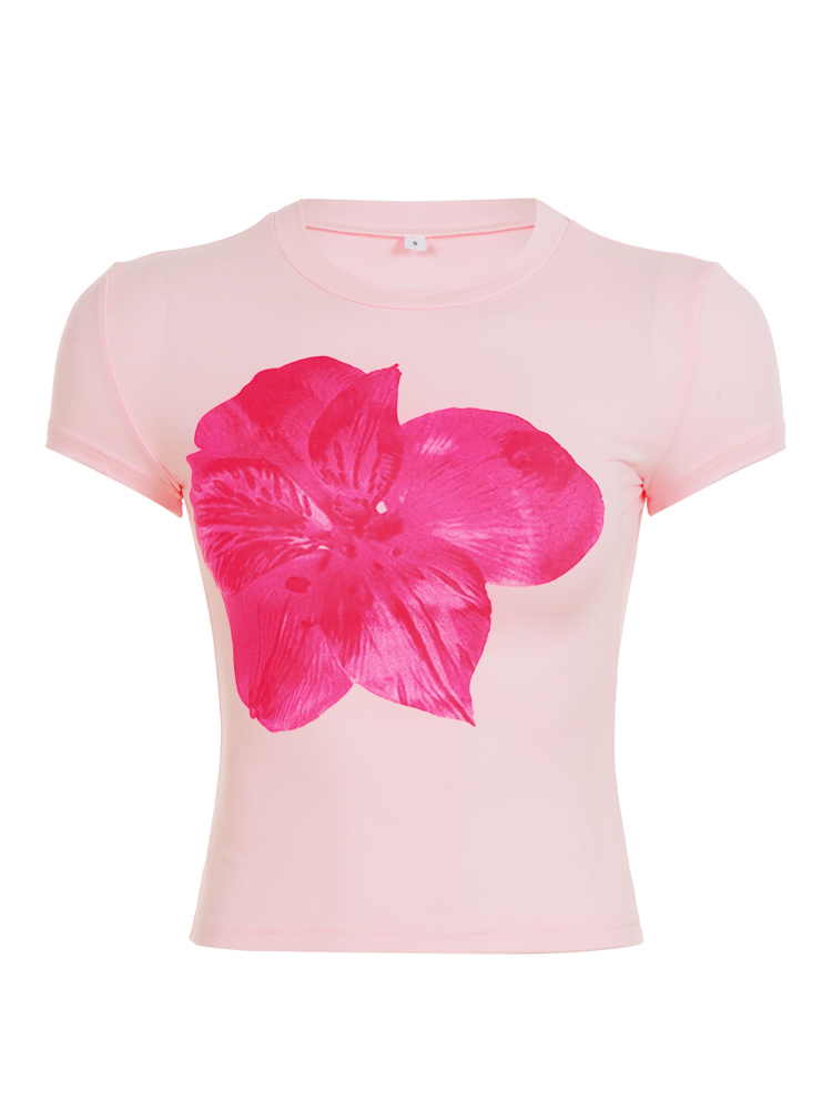 Pink Floral Print Short-Sleeve T-Shirt for Women, Versatile Slim-Fit Waist-Cinching Top, Vacation Style, Y2K Fashion Pink Floral Print Short-Sleeve T-Shirt for Women, Versatile Slim-Fit Waist-Cinching Top, Vacation Style, Y2K Fashion