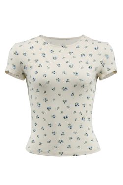 Pink Floral Slim-Fit Short Sleeve T-Shirt for Women - French Print Tight-Fitting Tee for Hot Girls, Y2K Style