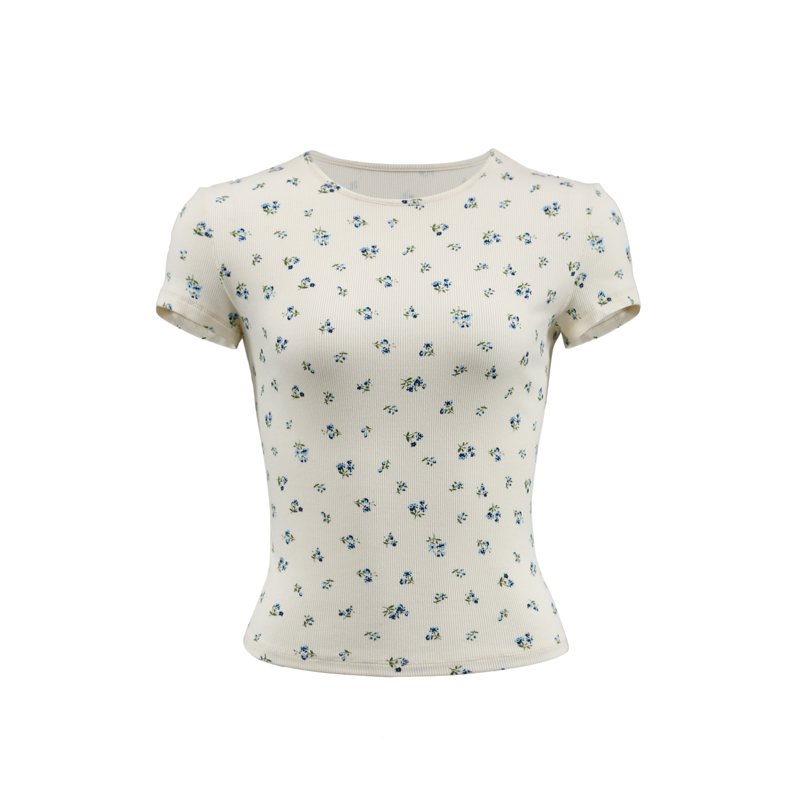 Pink Floral Slim-Fit Short Sleeve T-Shirt for Women - French Print Tight-Fitting Tee for Hot Girls, Y2K Style Pink Floral Slim-Fit Short Sleeve T-Shirt for Women - French Print Tight-Fitting Tee for Hot Girls, Y2K Style