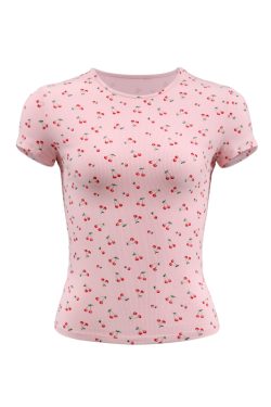 Pink Floral Slim-Fit Short Sleeve T-Shirt for Women - French Print Tight-Fitting Tee for Hot Girls, Y2K Style