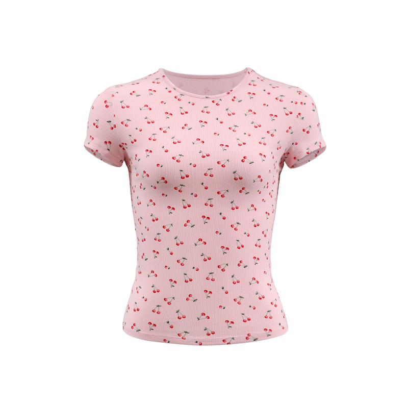 Pink Floral Slim-Fit Short Sleeve T-Shirt for Women - French Print Tight-Fitting Tee for Hot Girls, Y2K Style Pink Floral Slim-Fit Short Sleeve T-Shirt for Women - French Print Tight-Fitting Tee for Hot Girls, Y2K Style