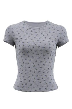 Pink Floral Slim-Fit Short Sleeve T-Shirt for Women - French Print Tight-Fitting Tee for Hot Girls, Y2K Style