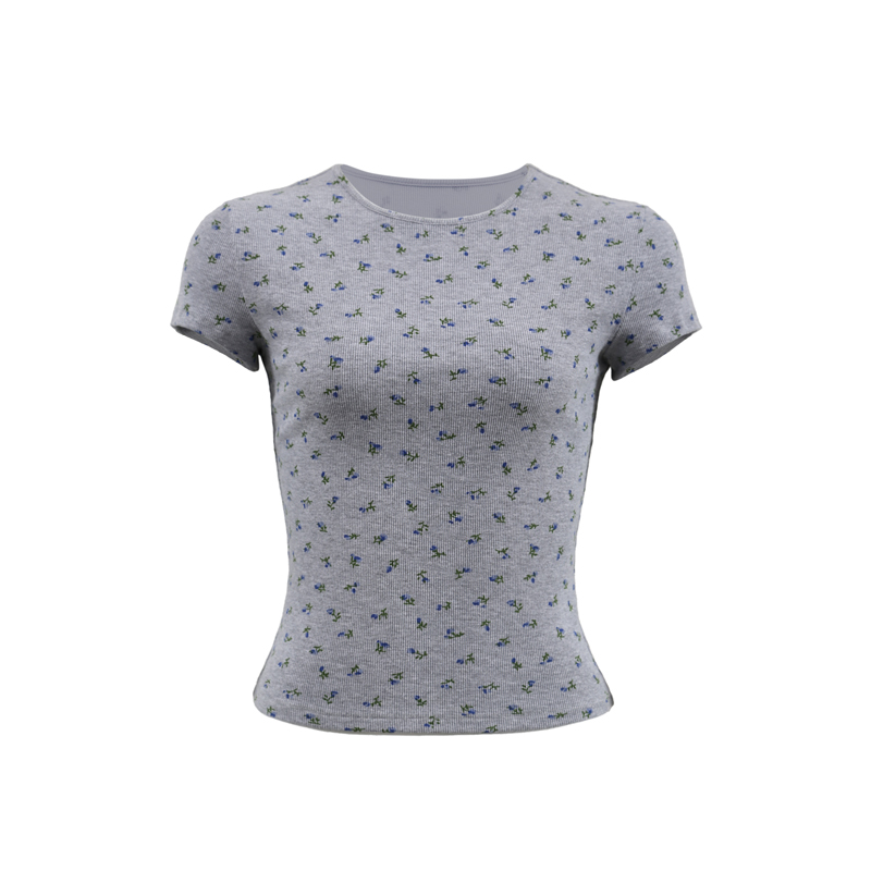 Pink Floral Slim-Fit Short Sleeve T-Shirt for Women - French Print Tight-Fitting Tee for Hot Girls, Y2K Style Pink Floral Slim-Fit Short Sleeve T-Shirt for Women - French Print Tight-Fitting Tee for Hot Girls, Y2K Style