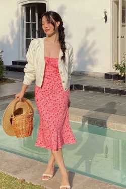 Pink Floral Spaghetti Strap Mermaid Dress - Fitted Vintage-Inspired Tank Top with French Print - Elegant Summer Fashion